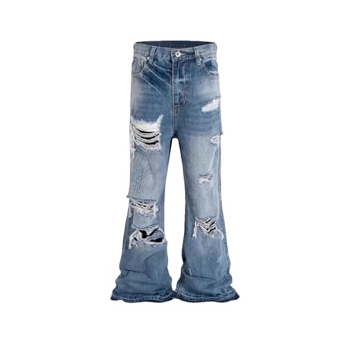 Men's Denim Pants High Street Style Distressed High Waist Straight Leg Clean Fit Long Pants