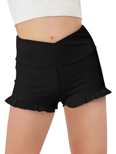 Haloumoning Girls Athletic Ruffle Shorts V Crossover High Waisted Yoga Dance Gymnastics Shorts 5-14Y