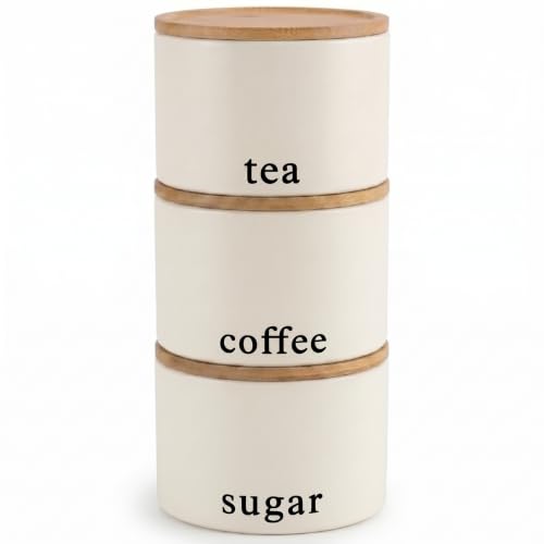 EHC Tea Coffee Sugar Canister Set Set of 3 Stackable Airtight Food Storage Easy to Open Storage Cansiters Jars Tin Cream