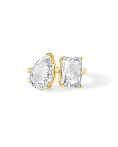 PAVOI 14K Gold Plated Toi Et Moi Radiant-Cut Pear-Shaped Cubic Zirconia Fake Wedding Engagement Ring for Women - Statement Promise Ring
