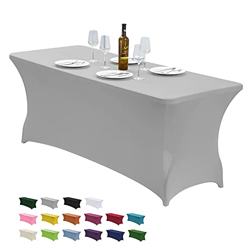 Image of CWK 4FT Waterproof Stretch Spandex Table Cover for Rectangular Tables - Elastic Fitted Tablecloth for Folding Tables,Wrinkle Resistant Table Cloth for Parties, Weddings, Banquets & Events (Silver)