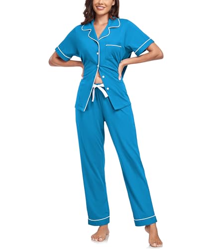 Image of CF Womens 100% Cotton Pajamas Set Button Down Pjs Sets Short Sleeve Top & Long Pants Sleepwear Comfy Loungewear with Pockets