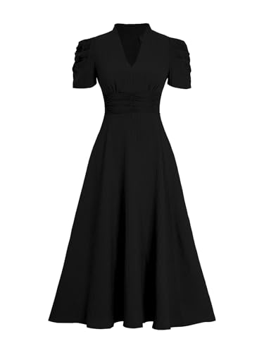 Image of Sugathari Women Women's V-Neck Maxi Dress, A-Line Style, Puff Sleeves, Cinched Waist 246