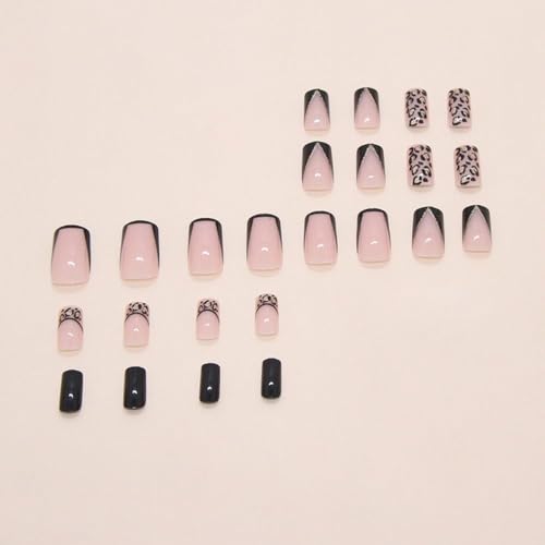 Image of Leopard Print Nail Press ons French Tip Fake Nails Black Press on Nails Glossy Full Cover Glue on Nails Medium Square False Nail Reusable Artificial Acrylic Stick on Nail for Women Manicure 24Pcs