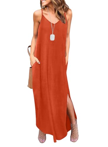 Image of HUSKARY Women's Summer Casual Sleeveless V Neck Strappy Split Loose Dress Beach Cover Up Long Cami Maxi Dresses with Pocket