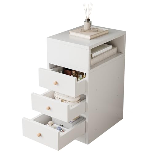 DAYONG Narrow Bedside Table with 3 Drawers White Night Stand with Flexible Open Compartment Modern Skinny Storage Cabinet Space-Saving Nightstand for Bedroom Living Room (White-30CM)