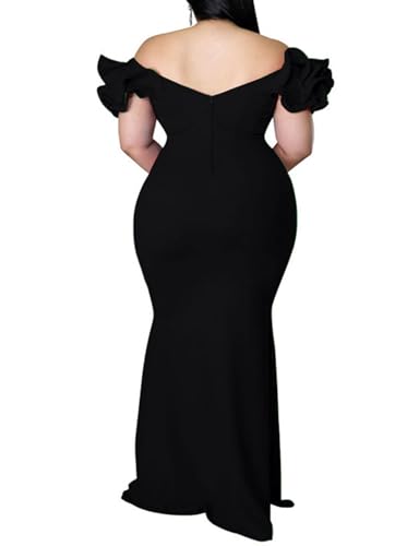 Image of Ekaliy Women's Plus Size Maxi Dress Elegant V-Neck Ruffle Sleeves Bodycon Mermaid Evening Gown