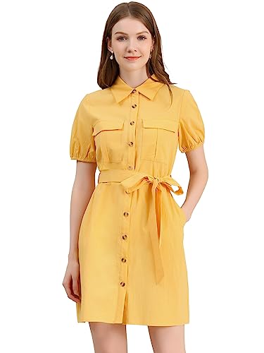 Image of Allegra K Women's Safari Dress Collared Short Sleeve Cotton Belted Button Down Shirt Dresses