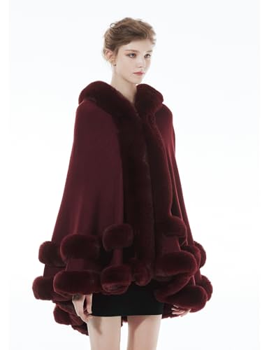 BEAUTELICATE Women Knit Cape Coat Knitted Hooded Cloak Poncho with Fur Trims Faux Fur Shawl2
