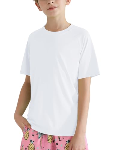 Hotfiary Camisetas deportivas de manga corta para niños y niñas, protección contra erupciones UPF50, camiseta de natación para entrenamiento, absorbe la humedad, camiseta activa, Blanco, 11-12 años