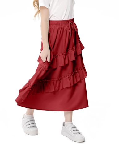 Image of Girls High Waisted Ruffle Maxi Skirt Soft Cotton Long Skirts with Elastic Waistband for Kid Girl 3-12 Years
