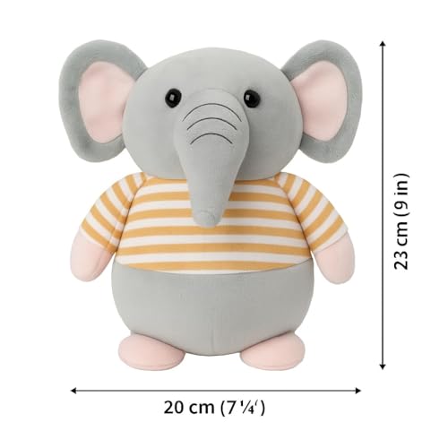 Image of Fun4you Plush Elephant Stuffed Animal Toy with Blue Striped T-Shirt, Soft Toy for Kids, Grey (Yellow)