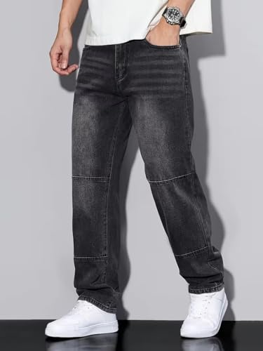 Image of Men's Pure Cotton Relaxed Fit Jeans | Washed Black Denim Pants for Men | Straight Leg Casual Denim Trousers | Comfortable Everyday Wear Jeans