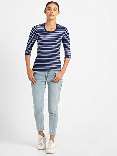 Image of Jockey 1360 Women's Super Combed Cotton Elastane Stretch Slim Fit Striped Round Neck Three Quarter Sleeve T-Shirt