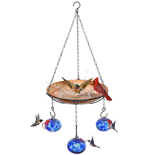 Wind Chimes Hanging Bird Feeders for Outdoors ＆ Bird Bath ＆ Hummingbird Feeders for Outdoors 3-in-1,Hand Blown Glass Hummingbird Feeder Balls,Detachable Feeder ＆ BirdBath(11in)(Phoenix Tail Blue)