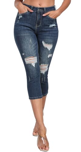 WAYRUNZ Women's High Rise Skinny Ripped Stretchy Cropped Distressed Jeans Capri Pants2
