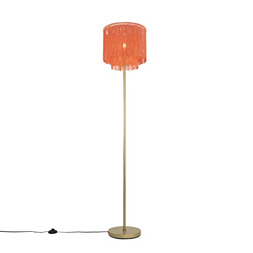 Qazqa - Oriental Floor lamp Gold Pink Shade with Fringes - Franxa- - Oriental - Suitable for LED E27 | 1 Light - Steel Floor lamp - Suitable for Living Room I Bedroom I