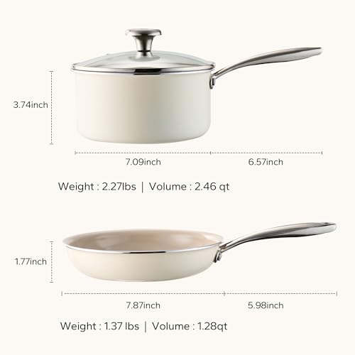 Image of Redchef Nonstick Mini Cookware Set, 8 inchCeramic Fry Pan 2.5Qt Sauce Pan with Lid, Fryingpan & Pots Set, Induction Compatible, Nontoxic, Oven Dishwasher Safe, PTFE & PFOA Free, Beige