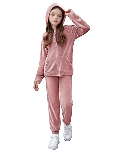 Zaclotre Girls Velour Tracksuits 2 Piece Outfits Zip Up Hoodie and Jogger Sweatpant Sweatsuits Athletic Clothing Sets
