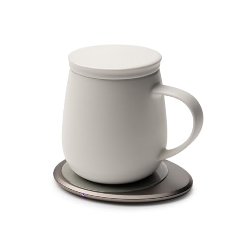 Image of Ui 3 Self-Heating Mug Set - Jasmine White | 12 fl oz / 355 mL Ceramic Coffee & Tea Mug Set with Heating Pad
