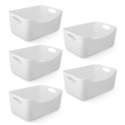 KEPLIN 5 Pack Plastic Studio Baskets with Sturdy Handles, Multi-Purpose Organiser Boxes for Home, Kitchen & Bathroom, Shelves & Drawers, Lightweight Space-Saving Containers, 22.3 x 14.8 x 10 cm