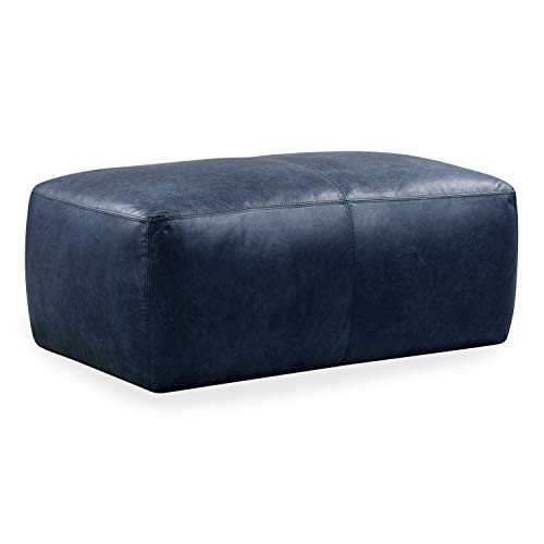 Image of POLY & BARK Denver Ottoman - 43 inch Large Pouf with Feather-Down Topper - Full-Grain Leather Upholstered Pouf Ottoman for Living Room - Vintage Italian Leather in Midnight Blue