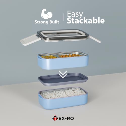 Image of TEX-RO Stainless Steel Lunch Box with 2 Layer | Leakproof Bento Lunch Box for Office, School & College | Airtight Tiffin Box for Men, Women & Kids | Food Grade Steel Lunch Box