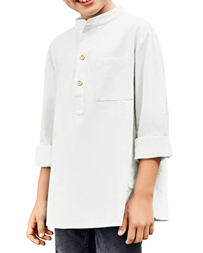 Laicigo Little Big Boys Long Sleeve Mandarin Collar Woven Cotton Button Down Linen Design Shirt Solid White #TOP2