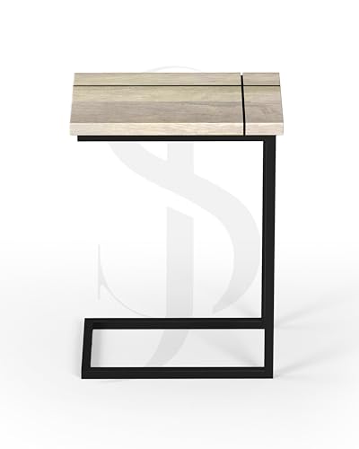 Image of Modern C-Side End Table for Living Room - Mango Wood with Black Metal Frame, Contemporary Sofa Side Table for Bedroom & Office (18L x 11D x 24H Inches) (Distressed White)