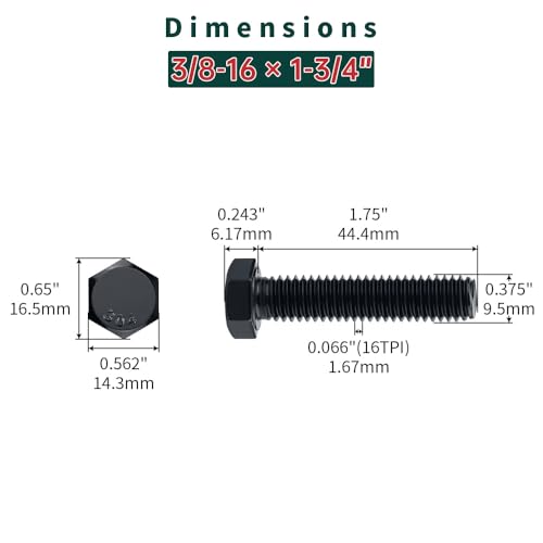 Image of 3 /8-16 x 1-3 /4 inch Hex Bolts with Nuts and Washers (8 Sets), 18-8 (304) Stainless Steel, External Hex Drive, Black Oxide Coated Hexagon Head Bolts Screws, Fayeploo
