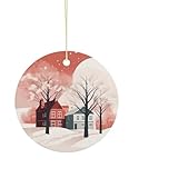 Häuser nebeneinander Weihnachten Keramik Hängende Ornament Runde doppelseitige Weihnachtsbaumschmuck mit Goldseil Weihnachtsanhänger für Kamin Urlaub Party Weihnachtsdekoration