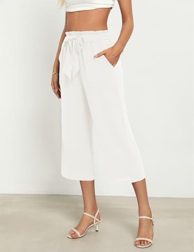 Women's Wide Leg Capris Pants, High Waist Casual Lounge Pants with Adjustable Tie - Solid Color3