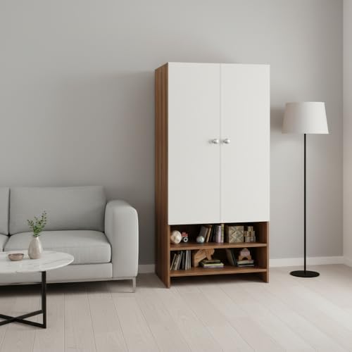 Image of FURNEASER YSH Engineered Wood Wardrobe Almirah for Clothes with 2 Doors & Open Shoe Rack | Wooden Closet Cabinet Organizer for Bedroom Living Room | Storage Cupboard (Exotic Teak & White 2)