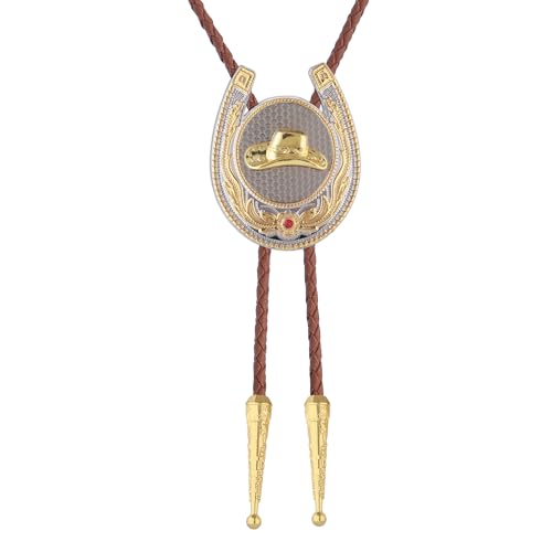 Image of Jeilwiy Bolo Tie for Men, Western Cowboy Golden Longhorn Bull Eagle Horse Cowboy Hat Bolo Necklace Leather Necktie for Women