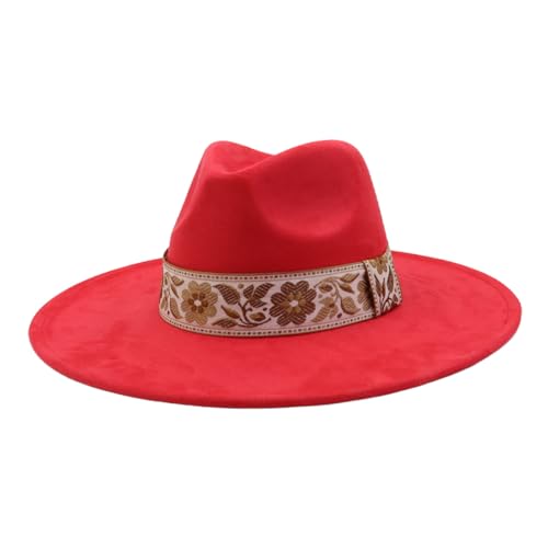 10cm Big Wide Brim Boho Western Hat for Women and Men Embroidery Felt Rancher Fedora Hat (One Size Red)