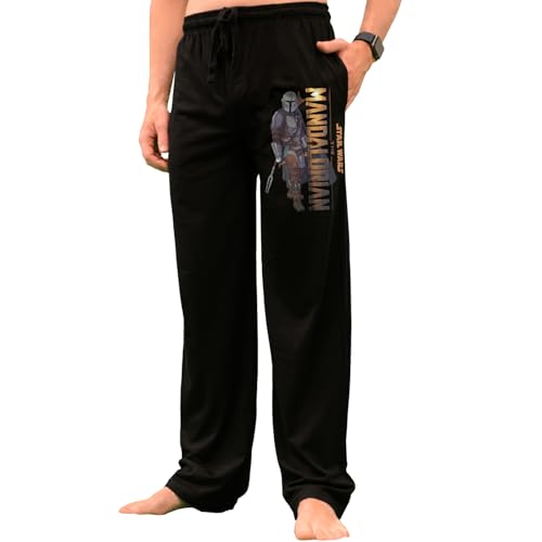 Star Wars Mandalorian Black Lounge Pants Soft Lightweight Pajama Pants with Bounty Hunter Boba Fett Standing Pose for Adult Unisex Medium
