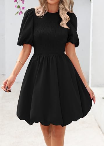 KIRUNDO Womens Summer Smocked Mini Dress 2025 Spring Puff Short Sleeve Boho Ruffle Crewneck Bubble A Line Short Dresses3