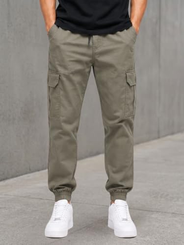 Image of Men's Cotton Cargo Pants | Cargo Trousers with Flap Buttoned Pocket | Elastic Waist Drawstring Casual Cargo Pants | Regular Fit Outdoor Travel Streetwear Bottom Wear