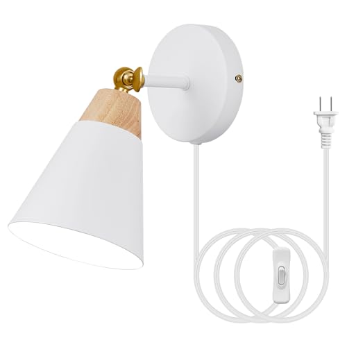 Image of Wall Sconce with Metal Shade, Plug Switch, Indoor Decor Wall Mount Swing Arm Lamp for Bedroom,Hallway,Living Room,Reading, White