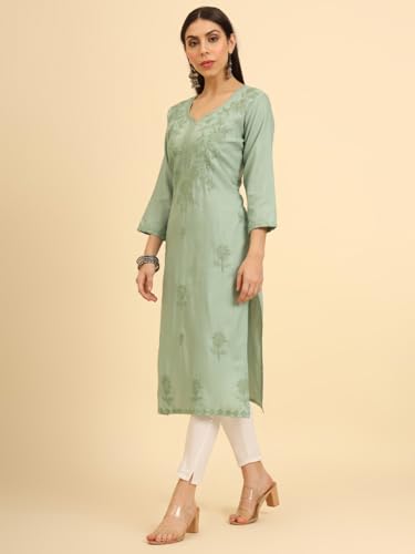 Image of Women's Chikankari-Lucknowi Embroidered Work | 3 /4 Sleeve | Knee Length | Round Neck | Cotton Fabric | Straight Kurta