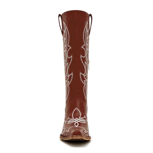 Image of Uillnoodu Women's Turquoise Cowgirl Boots - Wide Calf Mid Calf Western Boots Plus Size Embroidered Cowboy Style with Block Heel