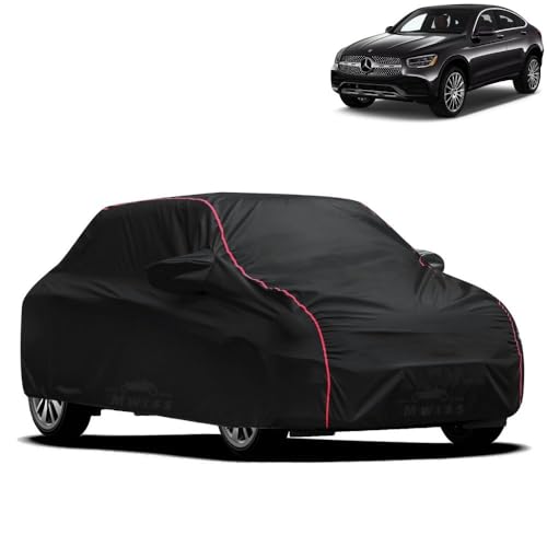 Image of Waterproof Car Cover for Mercedes Benz GLC | All-Weather Protection, Dustproof & UV Resistant | Triple Stitched Mirror Pockets, Windproof Buckle Strap with Elastic Hem, Black-Red Piping