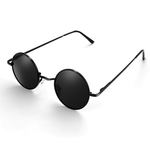 Morcheiong Polarized Hippie Sunglasses Retro Round Glasses for Women Men Vintage Circle Sunglasses UV400 (Black Frame Black Film)
