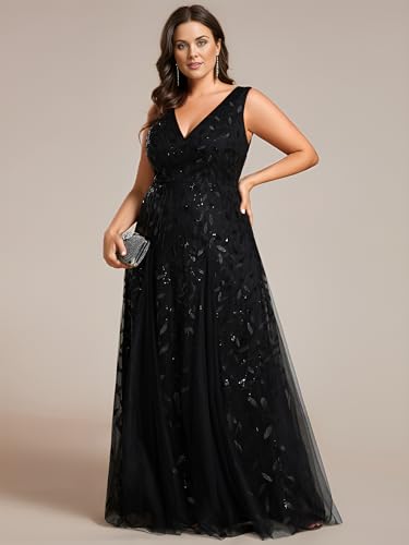 Ever-Pretty Women's Floor Length V Neck Backless A-line Sleeveless Tulle Sequin Emboridery Plus Size Formal Dresses4