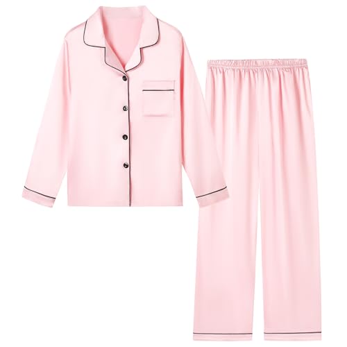 Image of Schbbbta Girls & Women Satin Pajamas Set, 2Piece Silk Nightwear Button-Down Sleepwear for Teen Kids, 3 Years - Women XXL