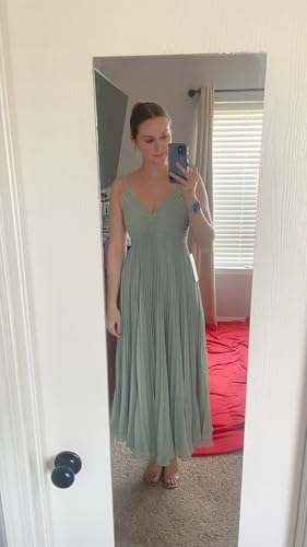 Women's V Neck Pleated Bridesmaid Dresses Long Spaghetti Strap Sleeveless Formal Dress DI2552