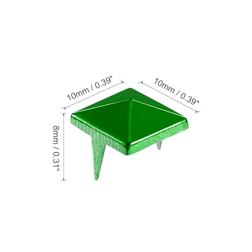 QUARKZMAN 100 Stück Quadratische Pyramiden-Nieten, 10mm Vier-Kiefer-Stollen-Spikes, Kupfer Punk Rock Nagelkopf-Spots für Kleidung Tasche Leder Schuhe (Grün)