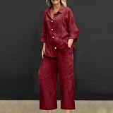 maisdgop Womens 2 Piece Outfits Summer Cotton Linen Set Casual Long Sleeve Button down Shirts and Pants Suits with Pockets