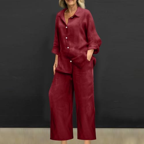 maisdgop Womens 2 Piece Outfits Summer Cotton Linen Set Casual Long Sleeve Button down Shirts and Pants Suits with Pockets