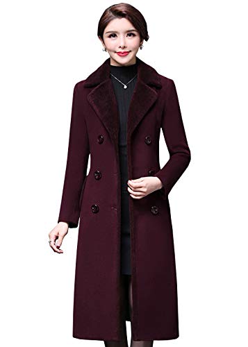 ebossy Women's Double Breasted Fleece Lapel Wool Blend Coat Winter Overcoat Outerwear (Medium, Burgundy)